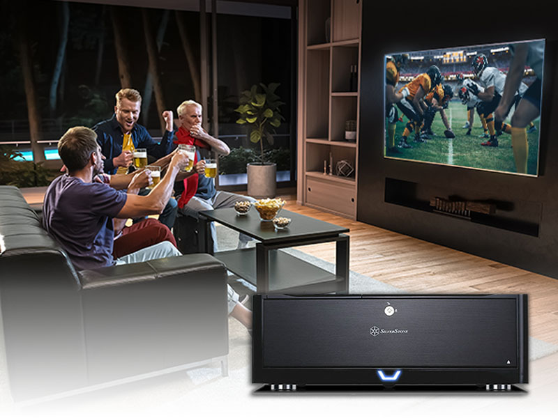 Modern 4K smart TV room with large windows and parquet floor. 3D illustration